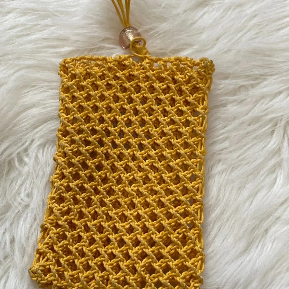 Yellow woven Macrame pouch for small cell phone
